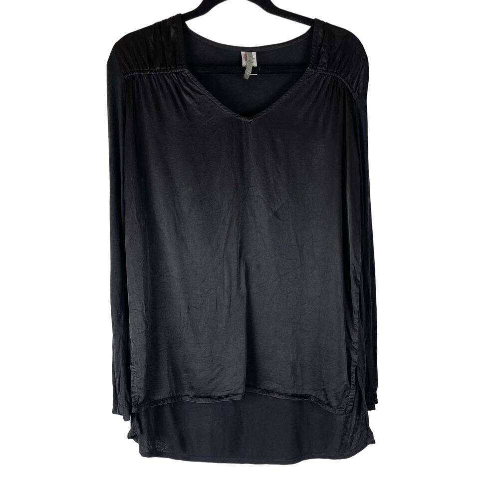 XCVI Top Womens Medium Black Long Sleeve Blouse V Neck Satin Panel 13445LC
